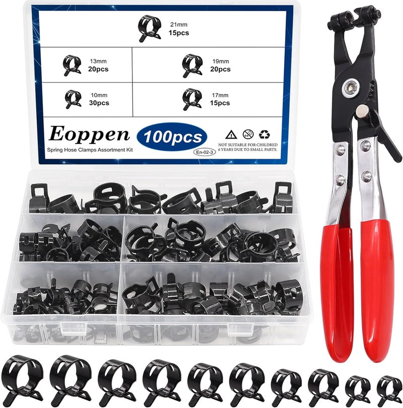 Eoppen 100Pcs 10-21mm Spring Hose Clamps Assortment Kit with Swivel Flat Band Fuel Hose Clamp Plier - 5 Sizes Fuel Line Silicone Vacuum Hose Low Pressure Air Clamps - Image 1